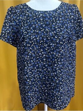 J. Crew Navy Floral Short Sleeve Top with Blue & White Accents